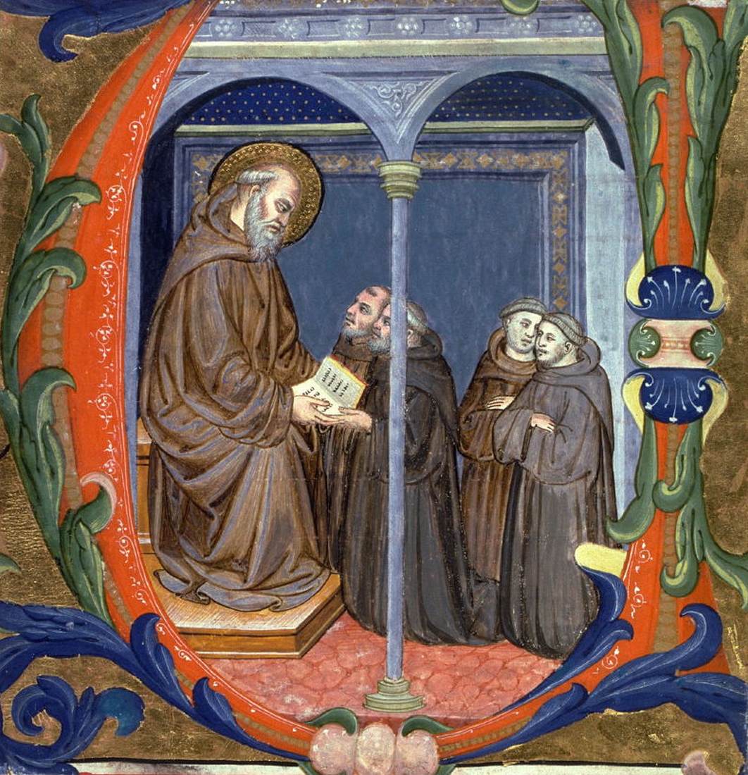 St Benedict Giving the Rule of His Order in an initial V